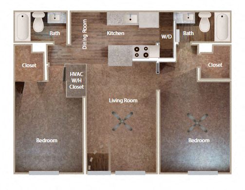 Floor plan for 2 beds, 2 baths, 972 sqft